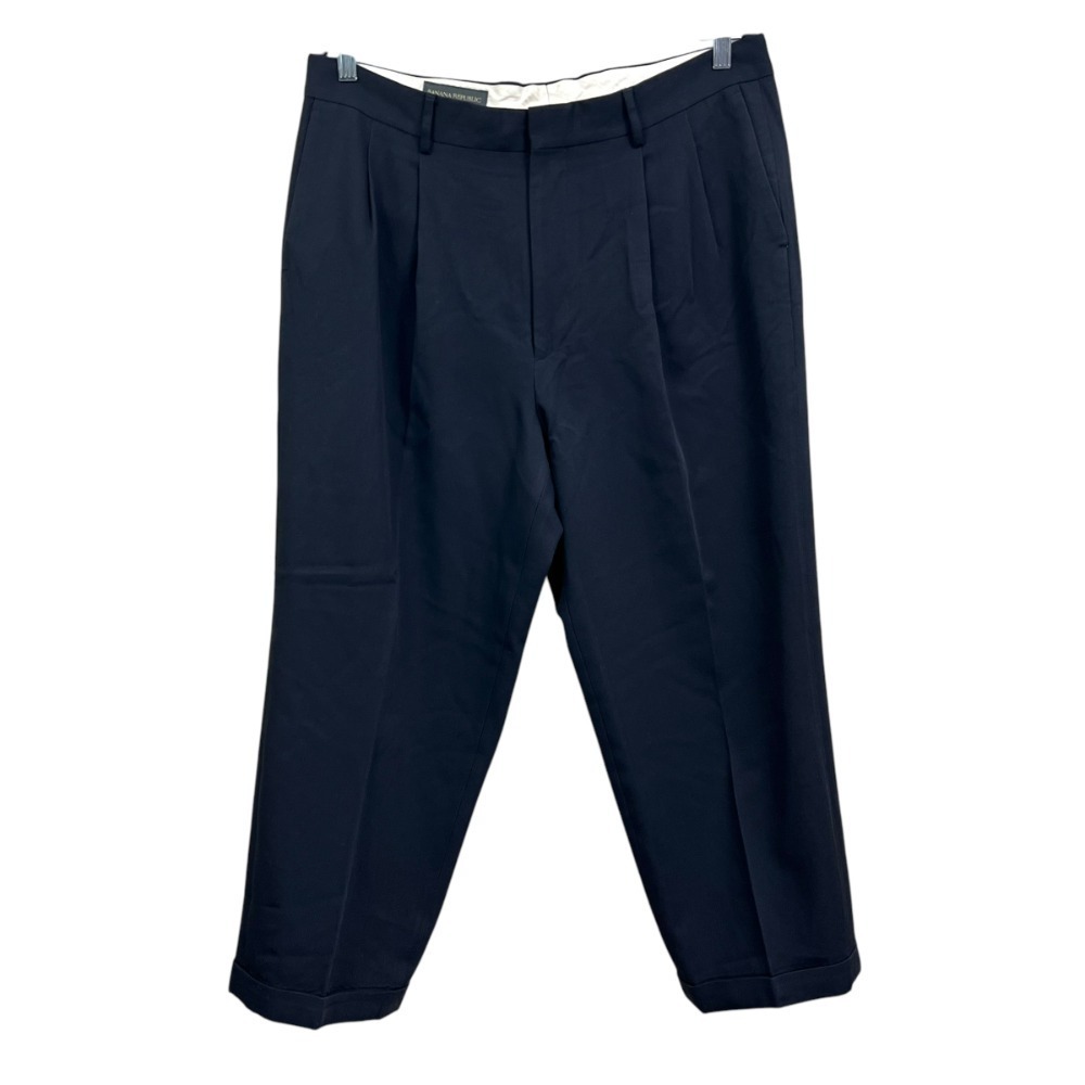 Banana Republic Men Wool Blend Dress Pants Pleated Pockets Navy36R Made in It*